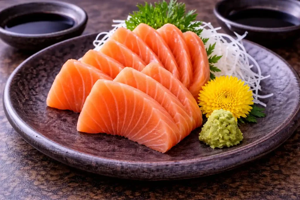 Fatias de sashimi de salmão organizadas sobre prato escuro com wasabi e guarnições, mostrando a diferença entre sushi e sashimi, que não leva arroz.
