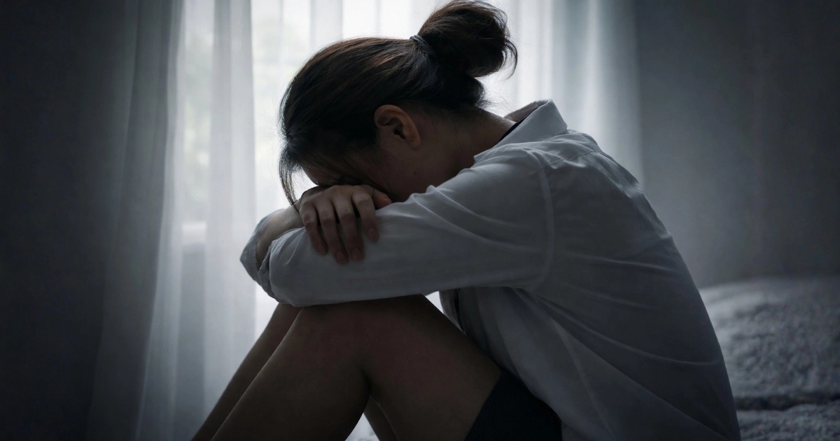Mulher sentada no chão do quarto, abraçando os joelhos e com expressão de tristeza, representando sintomas de depressão e instabilidade emocional associados à diferença entre transtorno bipolar e transtorno de personalidade borderline.