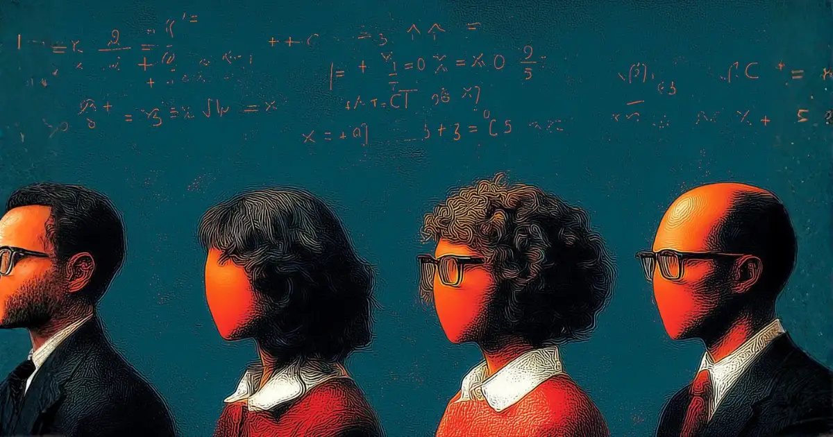 Ilustração conceitual mostrando profissionais quant e pesquisadores de inteligência artificial alinhados lado a lado, com equações matemáticas ao fundo, representando a diferença entre vagas de quant em trading eletrônico e cargos de pesquisa em laboratórios de IA, destacando contraste de cultura, rotina de trabalho e ambiente tecnológico.