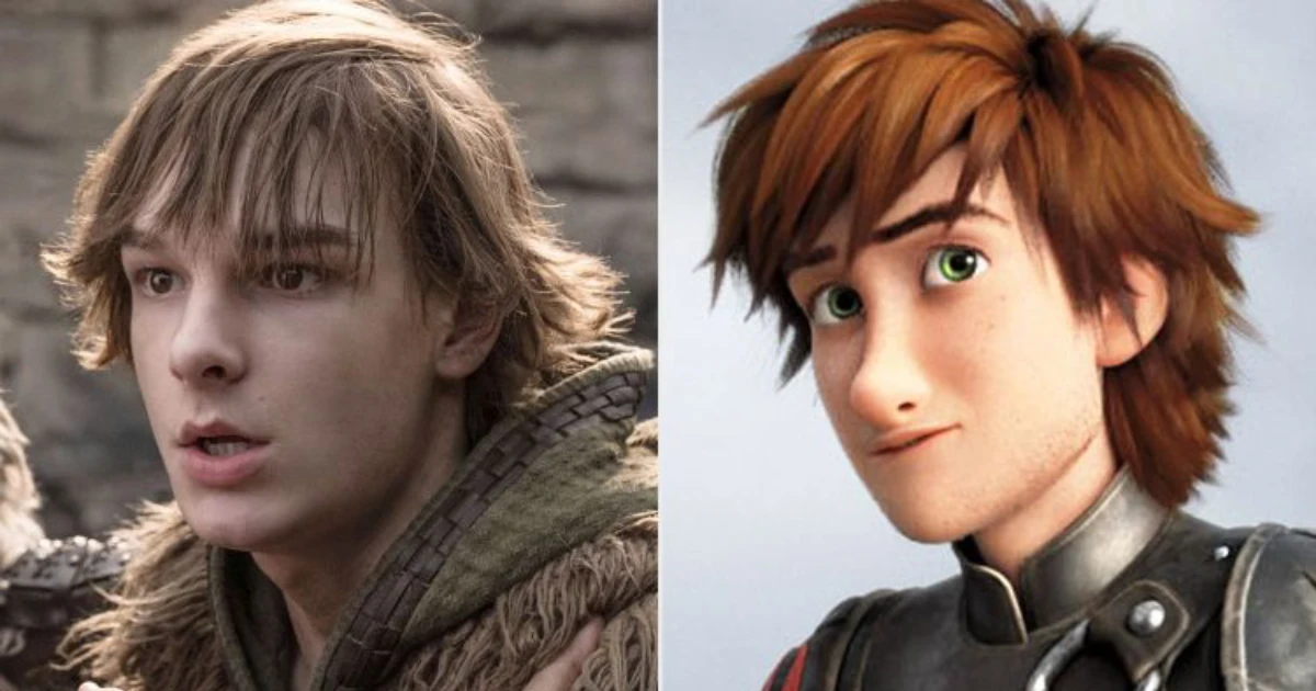Comparação lado a lado entre Soluço na versão live-action e na versão animada de Como Treinar Seu Dragão, destacando as diferenças visuais entre as duas adaptações do filme.