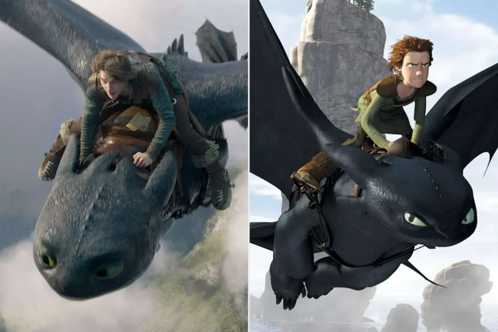 Comparação lado a lado de Soluço montando Banguela na versão live-action e na versão animada de Como Treinar Seu Dragão, destacando as diferenças visuais, realismo dos dragões e estilo de animação entre as duas adaptações. Crédito: Universal Pictures