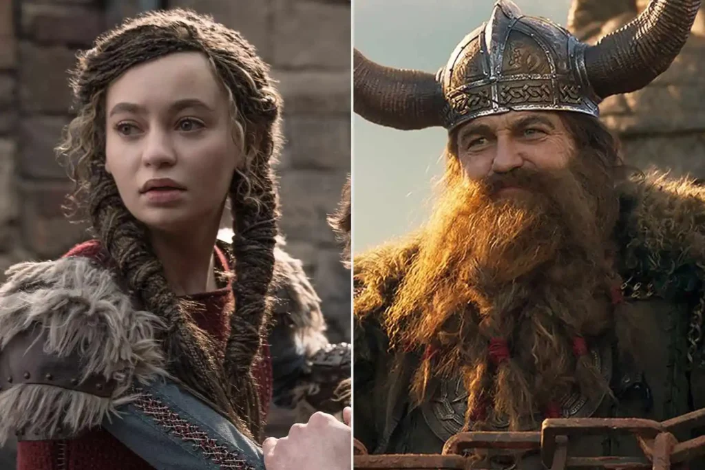 Imagem comparativa da versão live-action de Como Treinar Seu Dragão mostrando Astrid e Stoico em cena viking, destacando as diferenças de caracterização e realismo em relação à animação original. Crédito: Universal Pictures