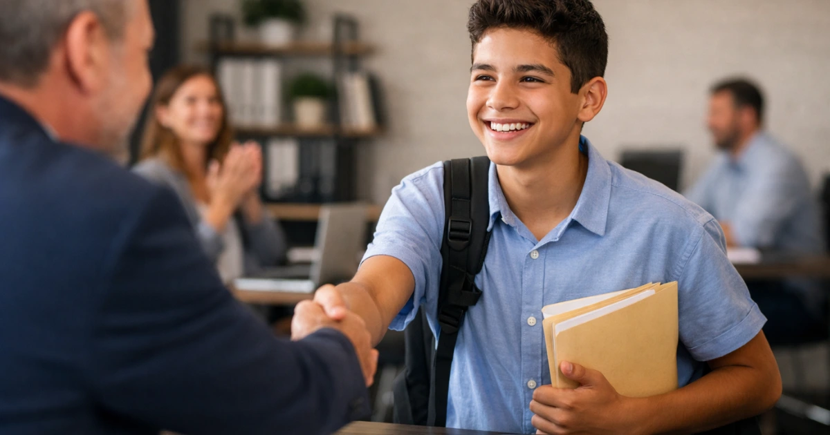 Jovem aprendiz de 15 anos sorrindo enquanto aperta a mão de recrutador após conquistar primeira vaga de emprego em escritório moderno.