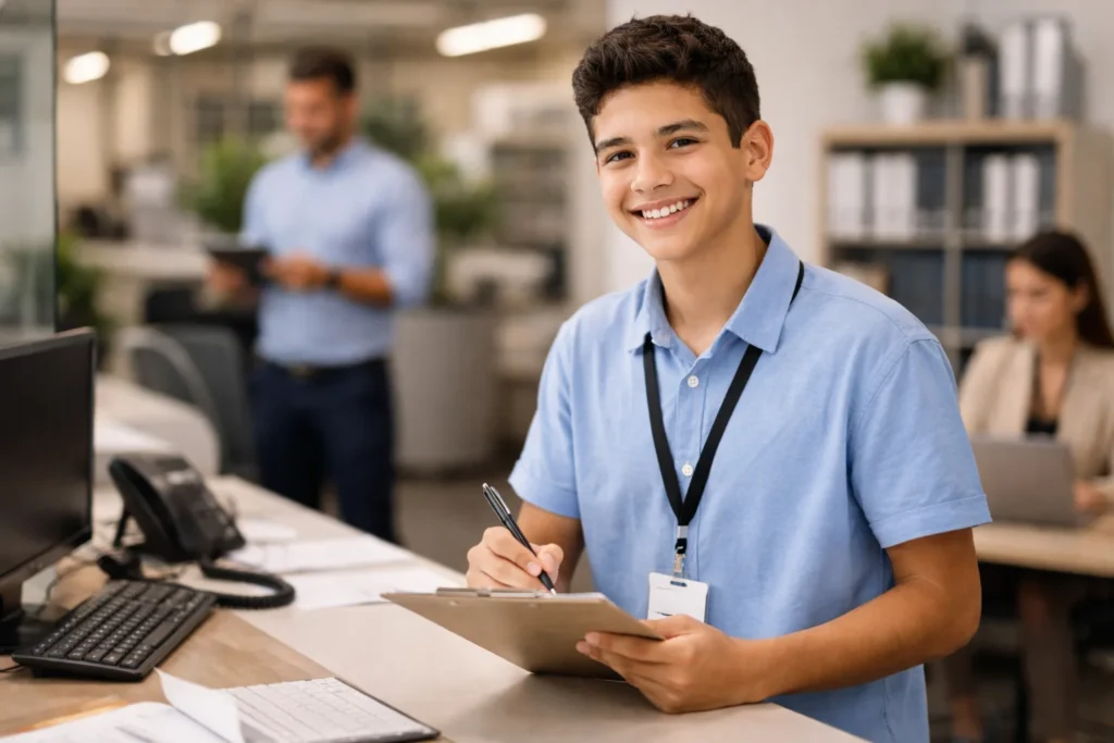 Jovem aprendiz de 15 anos sorrindo enquanto aperta a mão de recrutador após conquistar primeira vaga de emprego em escritório moderno.