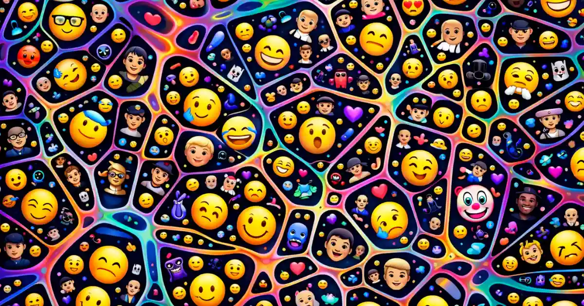 Ilustração colorida com vários emojis de rostos, expressões e personagens humanos espalhados em um padrão abstrato, representando visualmente a diferença entre emoji e emoticon na comunicação digital moderna.