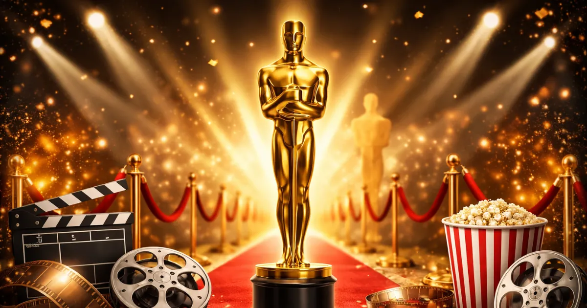 Estatueta dourada do Oscar sobre tapete vermelho iluminado, representando o ranking dos 10 filmes do Oscar 2026 com destaque para a temporada de premiações e cinema internacional.