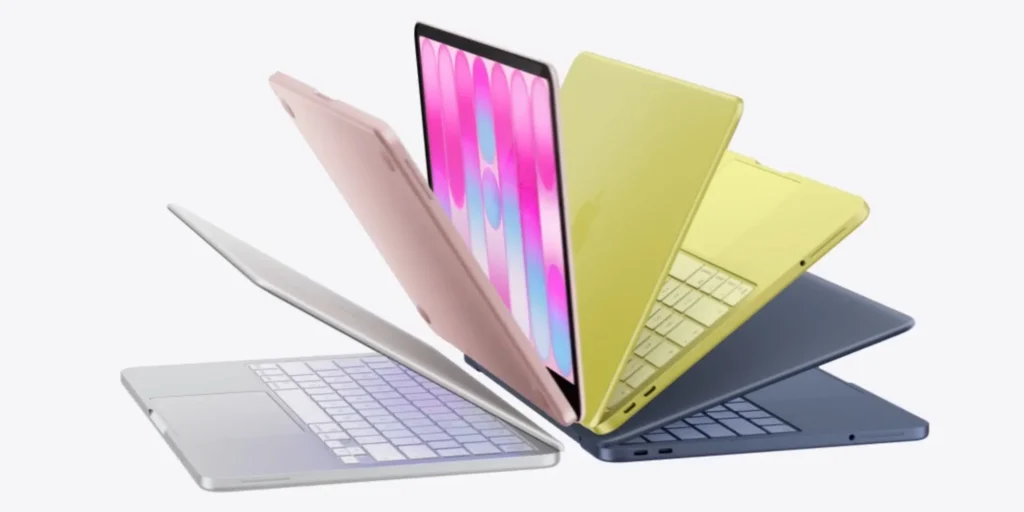 MacBook Neo em diferentes cores — prata, rosa, amarelo e azul — mostrando o design do novo laptop de 13 polegadas da Apple voltado para uso cotidiano e portátil.