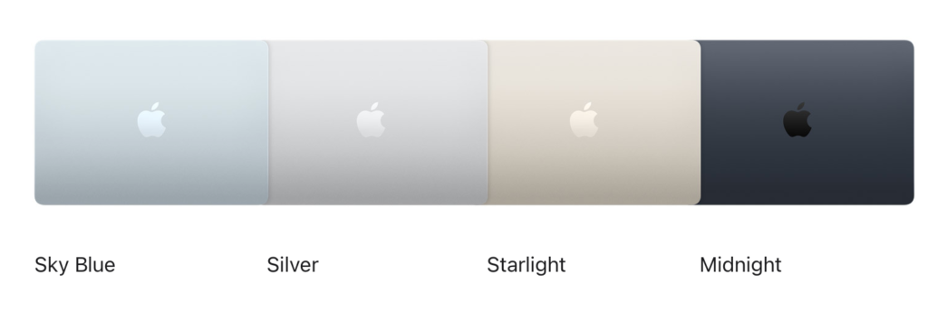 Cores do MacBook Air de 13 polegadas, Sky Blue, Silver, Starlight e Midnight, mostrando o design elegante do laptop da Apple com chip M5.