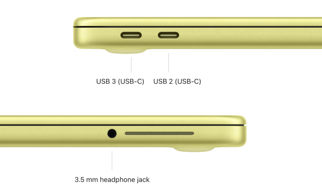 Portas do MacBook Neo de 13 polegadas mostrando duas entradas USB-C (USB 3 e USB 2) e saída para fone de ouvido 3,5 mm no laptop acessível da Apple.