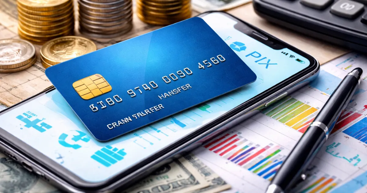 Cartão de crédito azul sobre smartphone com tela de Pix, ao lado de moedas, calculadora e gráficos financeiros, representando limite, juros, parcelamento e uso do crédito no dia a dia.
