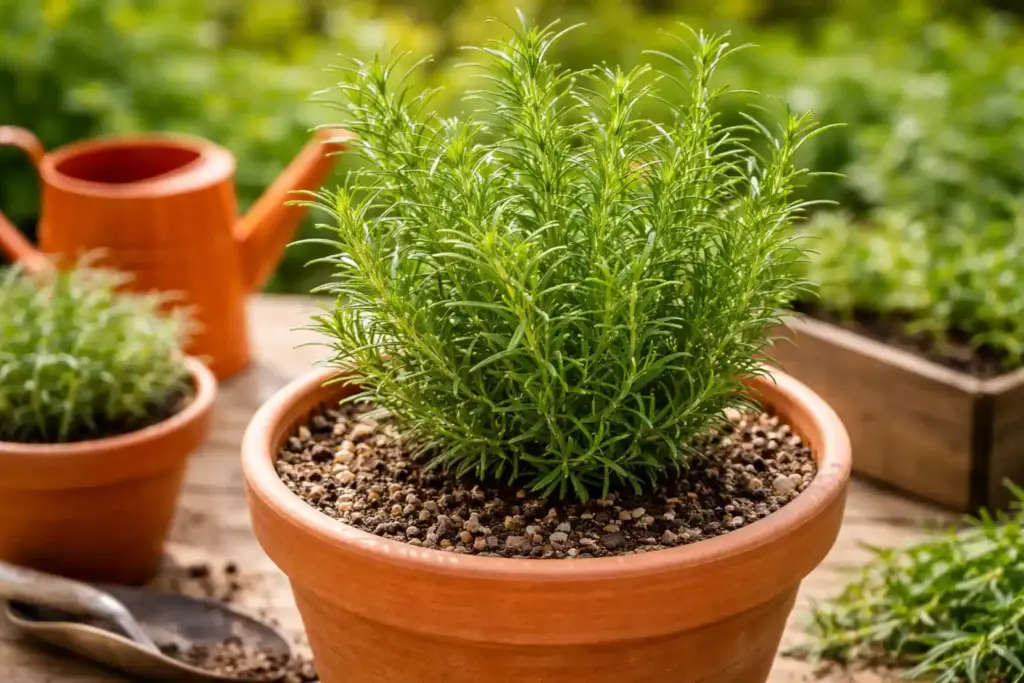 Planta de alecrim saudável em vaso de barro, bem cultivada com folhas verdes e densas, ideal para quem busca como plantar alecrim em casa e manter ervas aromáticas bonitas e produtivas