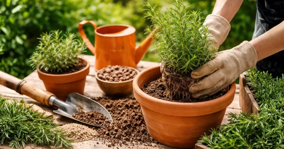 Pessoa plantando alecrim em vaso de barro com terra e ferramentas de jardinagem, mostrando o processo de como plantar alecrim em casa com iluminação natural e ambiente ao ar livre