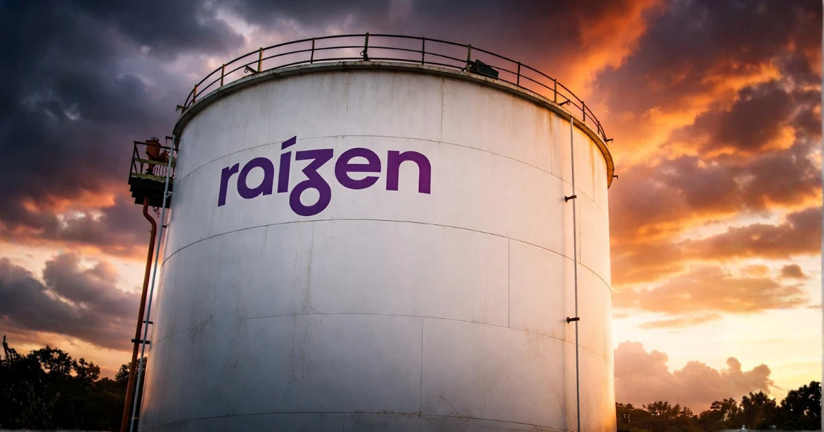 Tanque industrial de armazenamento da Raízen em instalação de energia e biocombustíveis ao entardecer, ilustrando cenário corporativo ligado a reestruturação financeira e recuperação empresarial.