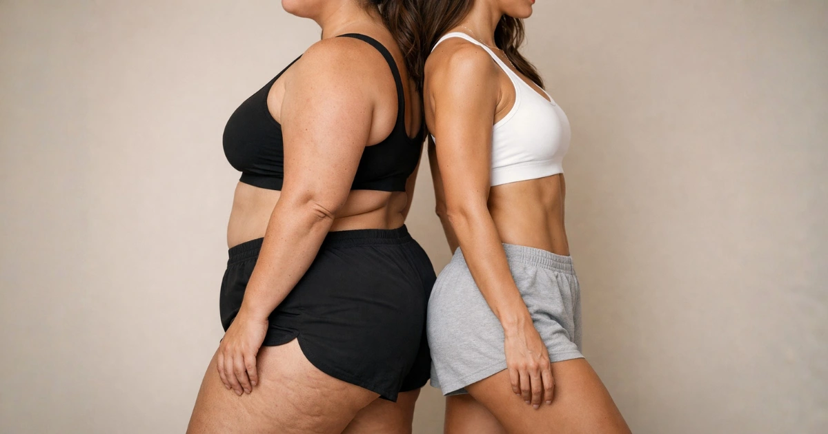 Mulheres com diferentes tipos de corpo vistas de perfil, costas com costas, usando roupas esportivas, ilustrando diversidade corporal e aparência natural da pele em fotografia editorial de saúde e bem-estar.