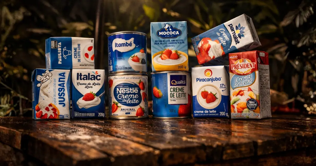 Comparação visual entre creme de leite de caixinha e creme de leite em lata dispostos lado a lado sobre mesa de madeira, ilustrando a diferença entre os dois tipos usados em receitas.