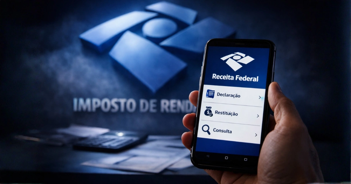 Celular com aplicativo da Receita Federal aberto para declaração de Imposto de Renda, com símbolo do imposto de renda ao fundo em ambiente escuro e dramático, representando a diferença entre declaração completa e simplificada no IR 2026.