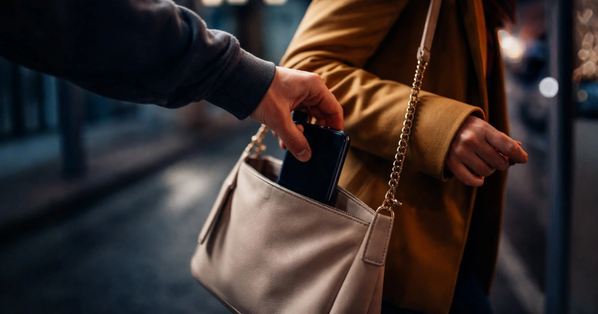 Imagem de furto mostrando um celular sendo retirado discretamente de uma bolsa em local público, ilustrando a diferença entre roubo e furto