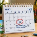 Calendário sobre mesa de madeira destacando a data do Dia de pagamento do Bolsa Família em maio de 2026, com moedas e chaves ao lado.