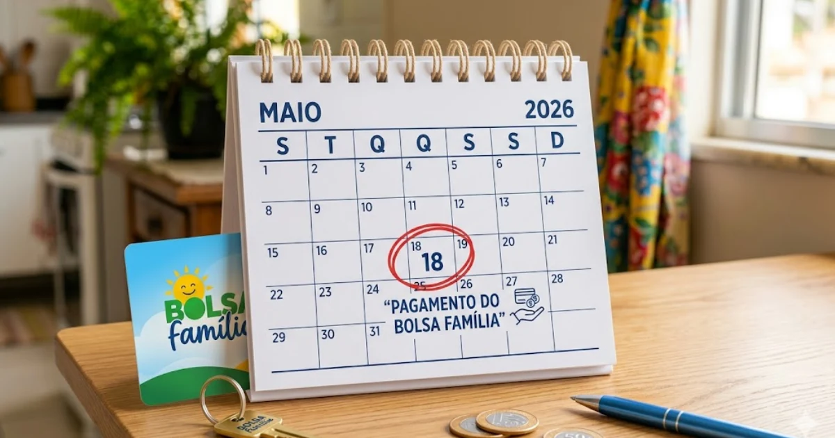 Calendário sobre mesa de madeira destacando a data do Dia de pagamento do Bolsa Família em maio de 2026, com moedas e chaves ao lado.