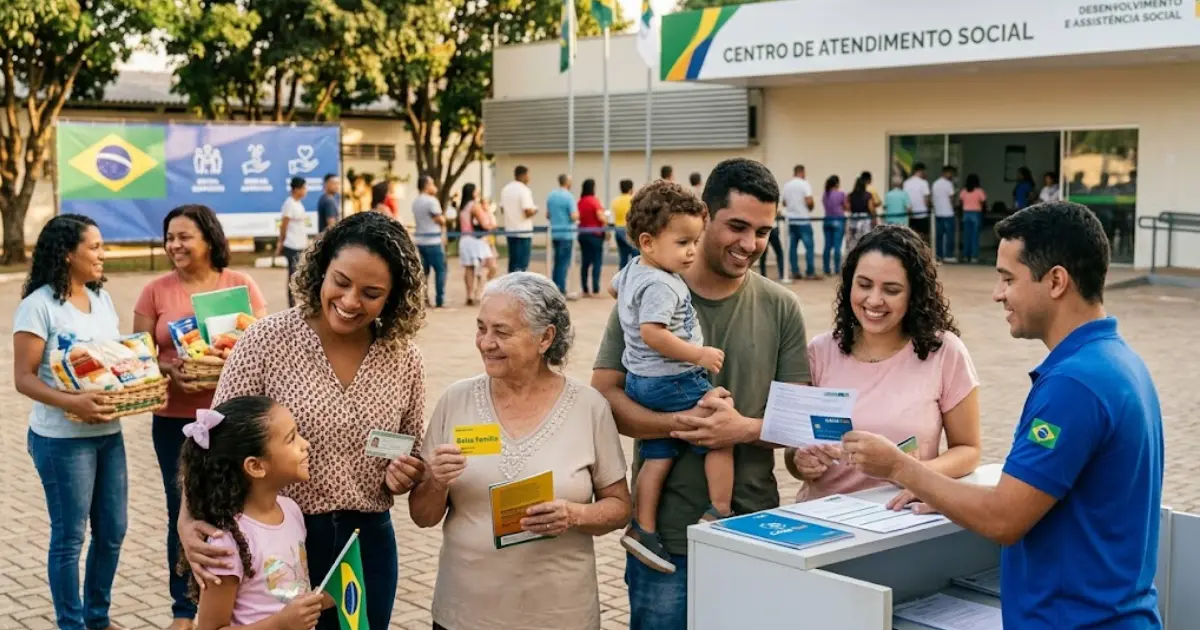 Família brasileira recebendo atendimento em um Centro de Assistência Social para acesso ao Benefício Social do Governo.