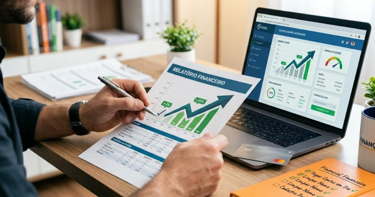 Homem analisando relatórios de crescimento financeiro e dashboard de pontuação de crédito em um computador, ilustrando dicas sobre Como Aumentar o Score Serasa.
