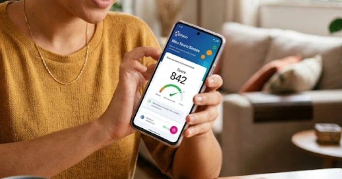 Mulher sorridente segurando um smartphone que exibe a tela de pontuação de crédito, ilustrando o passo a passo de como consultar seu score Serasa.