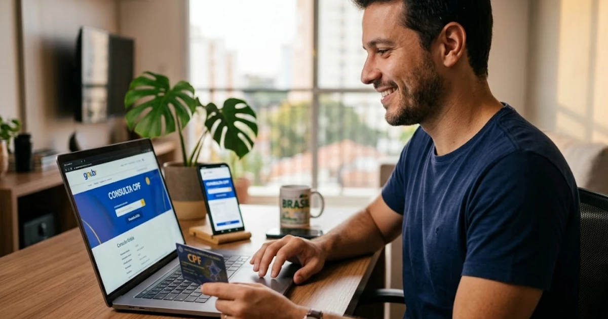 Jovem sorridente sentado à mesa utilizando notebook para realizar uma Consulta CPF Grátis de forma fácil e segura em ambiente residencial.