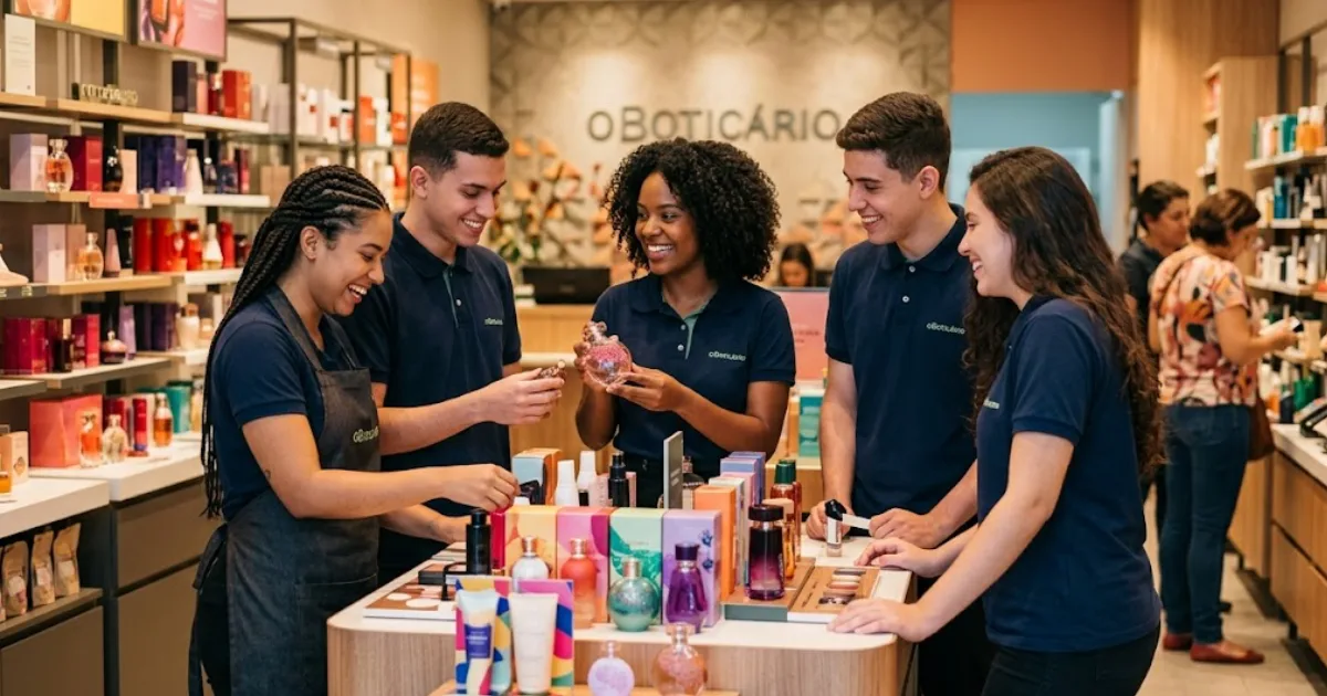 Grupo de jovens profissionais atuando como Jovem Aprendiz Boticário em uma loja da marca, organizando produtos de perfumaria e sorrindo, demonstrando um ambiente de trabalho acolhedor.