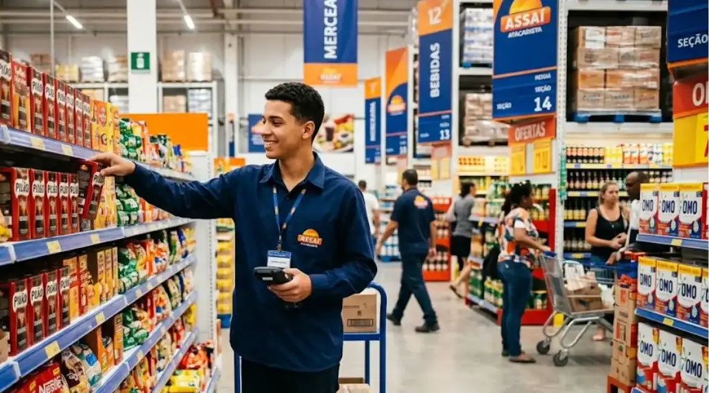 Jovem aprendiz uniformizado organizando mercadorias nas prateleiras de um corredor de supermercado Assaí Atacadista.
