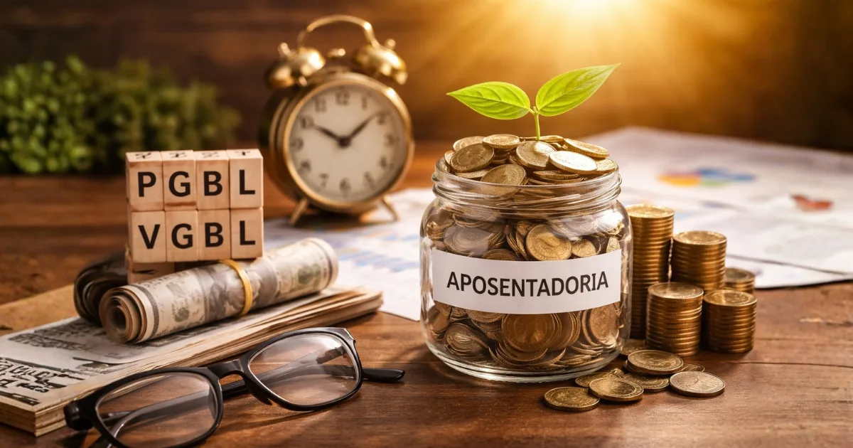 Planejamento de aposentadoria com moedas acumuladas em pote e planta crescendo, representando VGBL e PGBL como opções de previdência privada para o futuro financeiro seguro