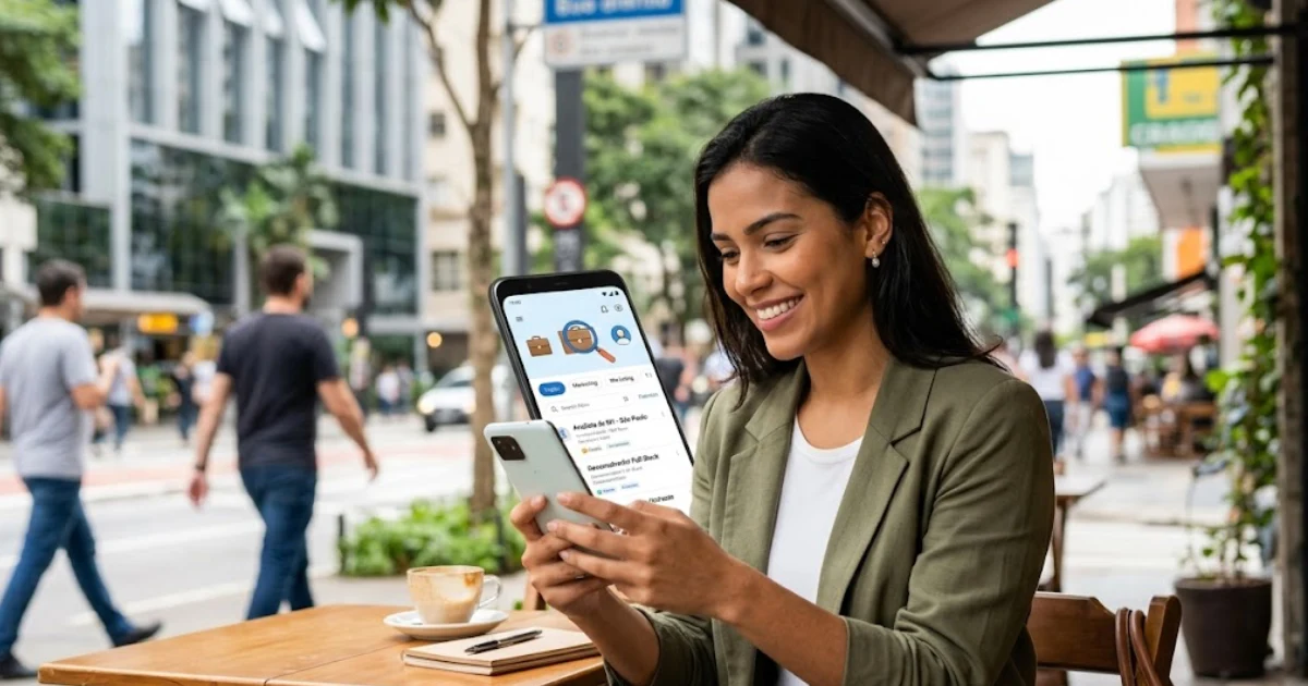 Profissional sorridente sentada em uma cafeteria urbana utilizando um smartphone para navegar em um aplicativo para procurar emprego.