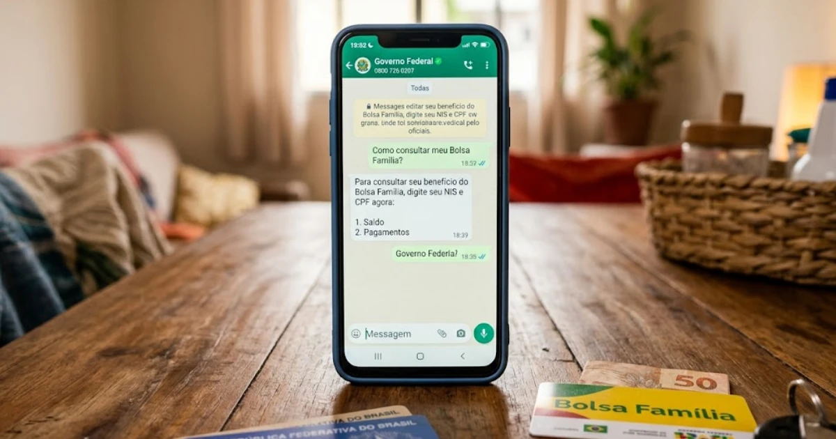 Smartphone posicionado sobre mesa de madeira exibindo tela de conversa com o Governo Federal para consulta do Bolsa Família no WhatsApp, com cartões de documentos de identificação ao lado.