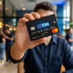 Homem segura um cartão de crédito preto da TIM Mastercard, com chip e tecnologia por aproximação, e o nome Marcos S. Silva, em uma cafeteria moderna e movimentada ao fundo.