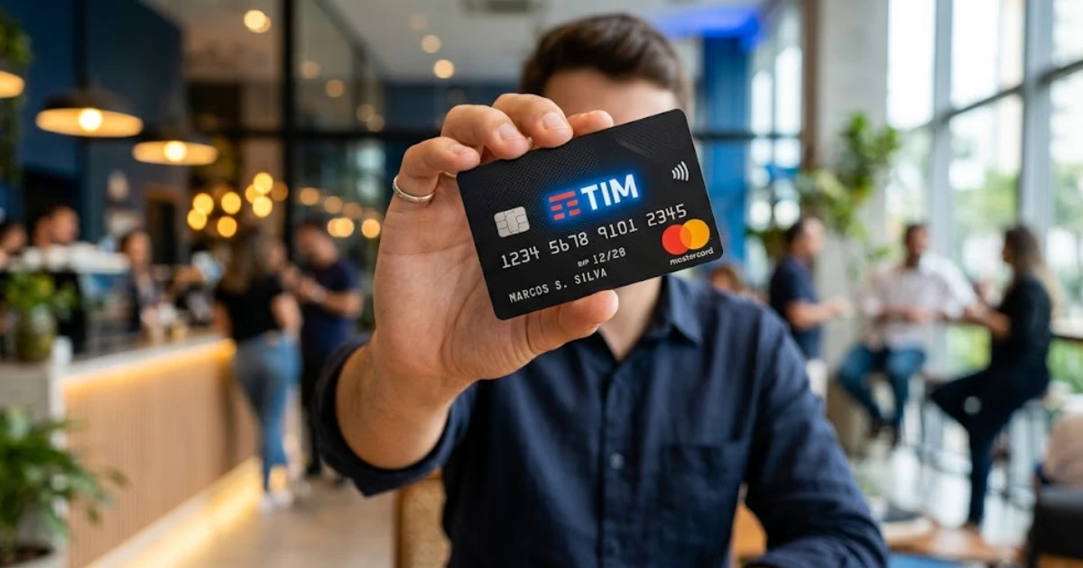 Homem segura um cartão de crédito preto da TIM Mastercard, com chip e tecnologia por aproximação, e o nome Marcos S. Silva, em uma cafeteria moderna e movimentada ao fundo.