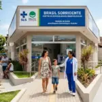 Fachada de uma Unidade de Saúde do SUS (Centro de Especialidades Odontológicas) do Programa Brasil Sorridente em um dia ensolarado. No centro, uma profissional de saúde sorridente recebe uma mulher e uma criança na entrada da clínica. Ao fundo, uma rua brasileira típica com pedestres e árvores, transmitindo um ambiente de cuidado e atendimento humanizado.