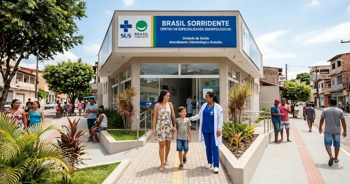 Fachada de uma Unidade de Saúde do SUS (Centro de Especialidades Odontológicas) do Programa Brasil Sorridente em um dia ensolarado. No centro, uma profissional de saúde sorridente recebe uma mulher e uma criança na entrada da clínica. Ao fundo, uma rua brasileira típica com pedestres e árvores, transmitindo um ambiente de cuidado e atendimento humanizado.