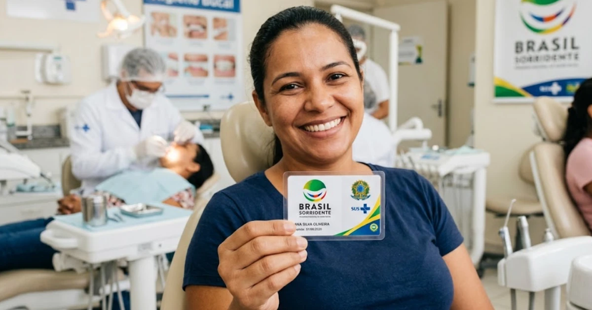 Mulher sorridente sentada em um consultório odontológico do SUS segurando em destaque o cartão do programa Brasil Sorridente. Ao fundo, um dentista realiza atendimento em outro paciente, reforçando o ambiente de saúde pública humanizada.