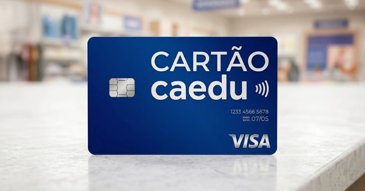 Cartão de crédito Caedu na cor azul com o logotipo da Visa, em destaque sobre um balcão de loja.