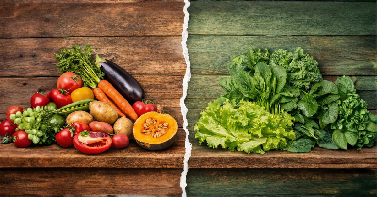 Imagem comparativa mostrando a diferença entre legume e verdura, com legumes de um lado e folhas verdes do outro.
