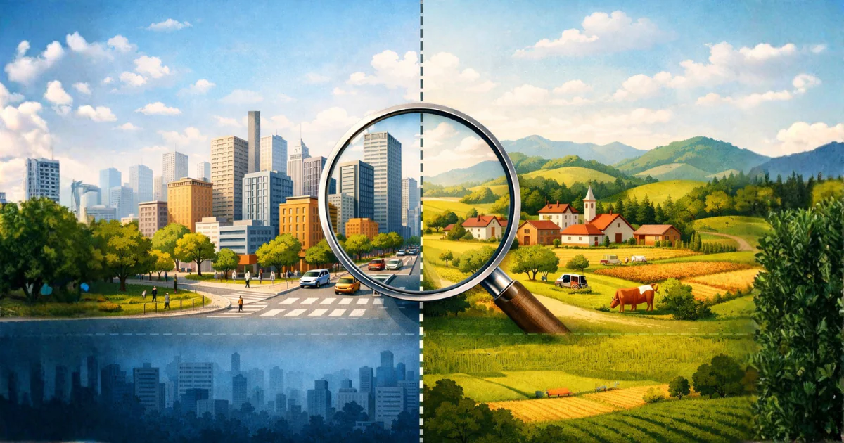 Ilustração comparativa mostrando a diferença entre cidade e município, com área urbana à esquerda e território municipal à direita, incluindo zonas rurais e áreas urbanizadas, destacando visualmente a distinção entre espaço urbano e unidade administrativa.
