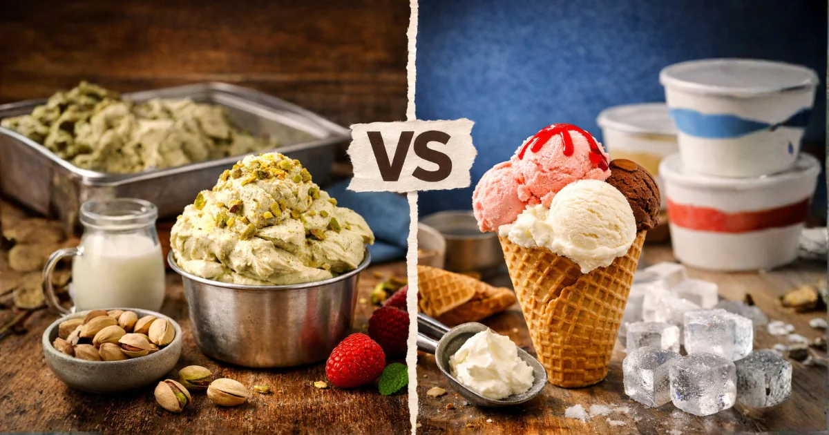 Comparação visual entre gelato e sorvete, mostrando gelato artesanal mais denso em recipiente metálico e sorvete tradicional mais aerado em casquinha, destacando a diferença entre gelato e sorvete na textura e apresentação.