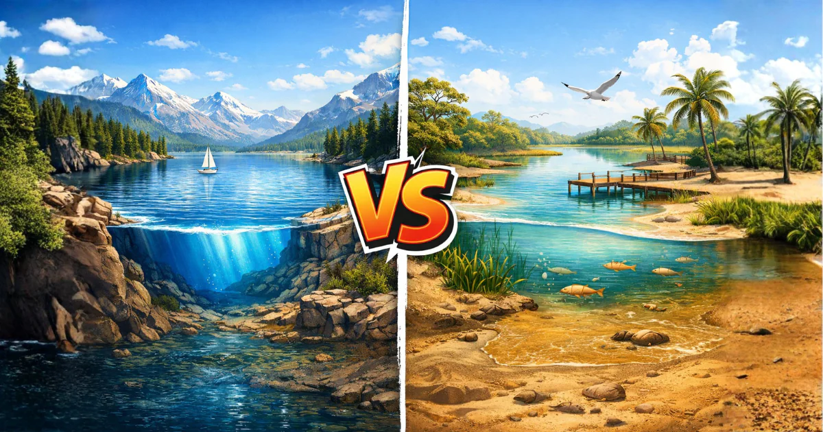 Ilustração comparativa mostrando a diferença entre lago e lagoa, com um lago profundo cercado por montanhas de um lado e uma lagoa rasa com areia e vegetação do outro.