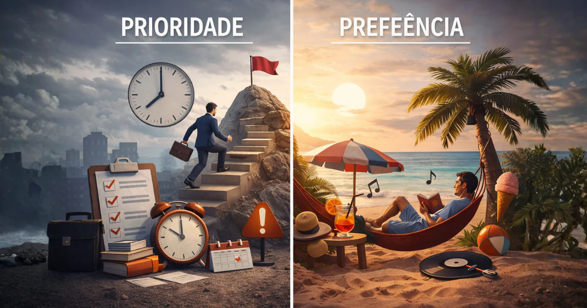 Ilustração comparativa mostrando a diferença entre prioridade e preferência no dia a dia, com uma cena representando responsabilidade, urgência e foco no trabalho de um lado, e outra cena simbolizando escolha pessoal, conforto e lazer do outro.