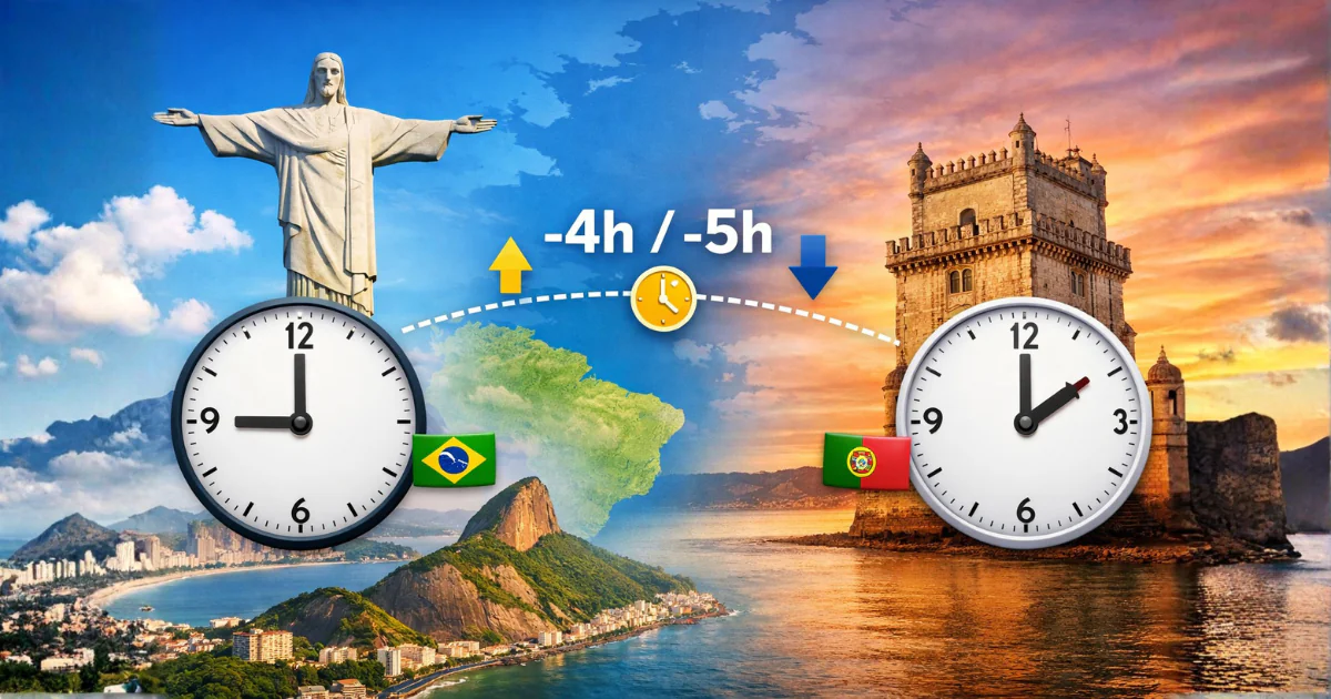 Ilustração mostrando qual a diferença de horário entre brasil e portugal, com relógios comparativos, mapa entre os dois países e referência ao fuso horário, destacando variação de 4 ou 5 horas ao longo do ano.